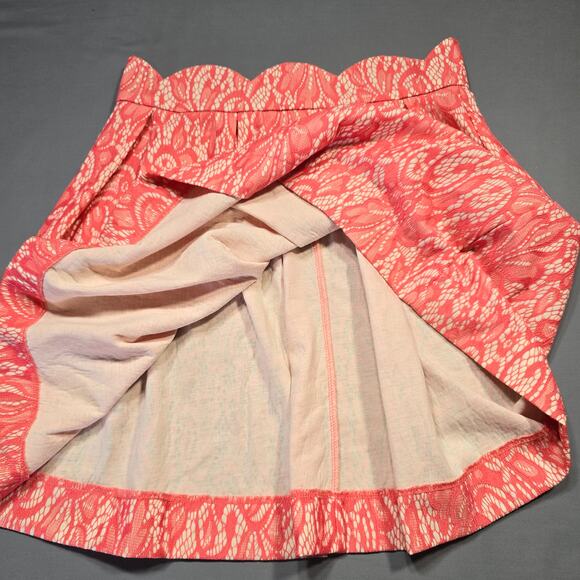 Blue Rain Pink Coral Mini Skirt Women's Size L Pleated Aline Paisley Lace Lined - Picture 5 of 9